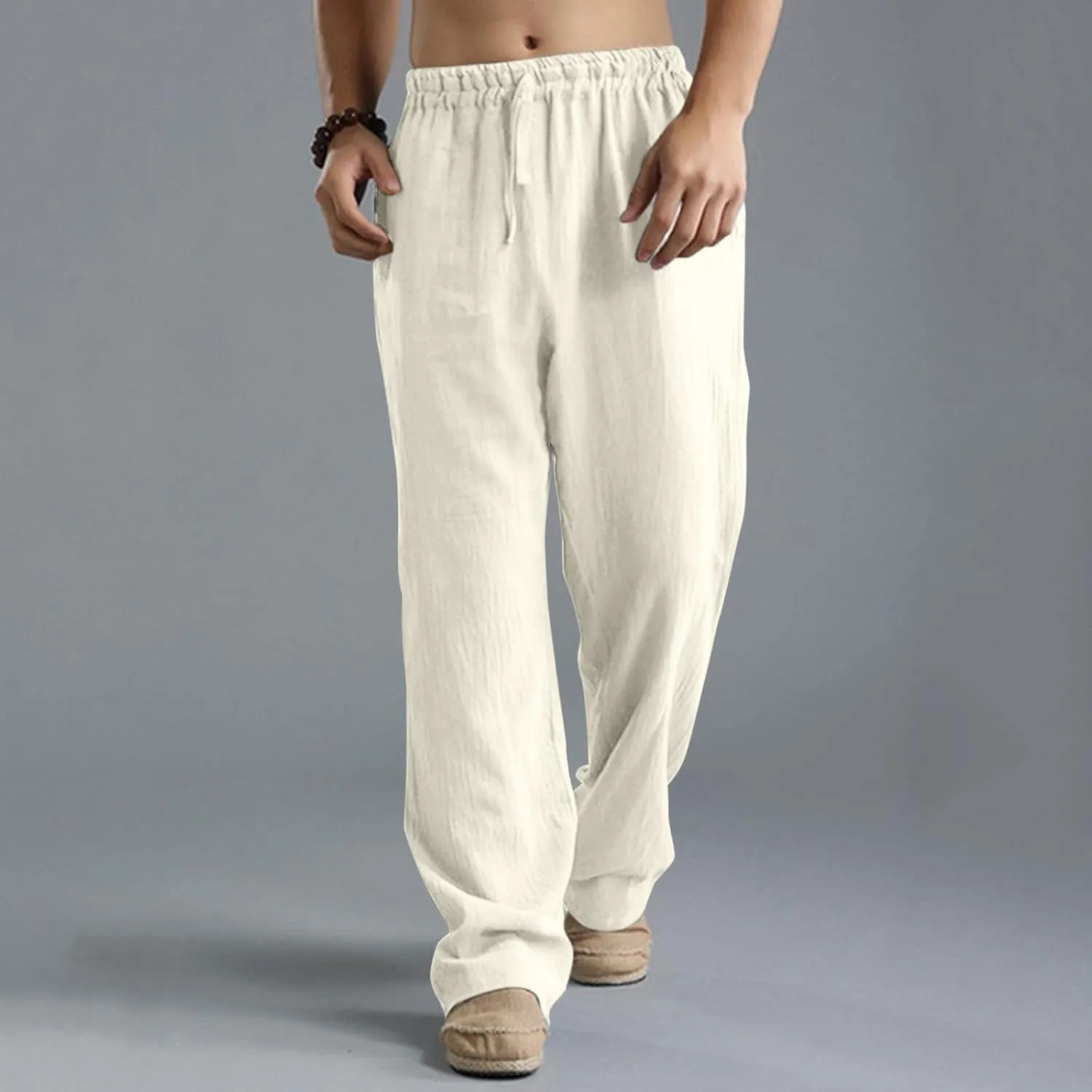 Men's Linen Pants Elastic Waistband Lightweight Straight Leg Beach Trousers Summer Loose Fit Breathable Comfort Pant