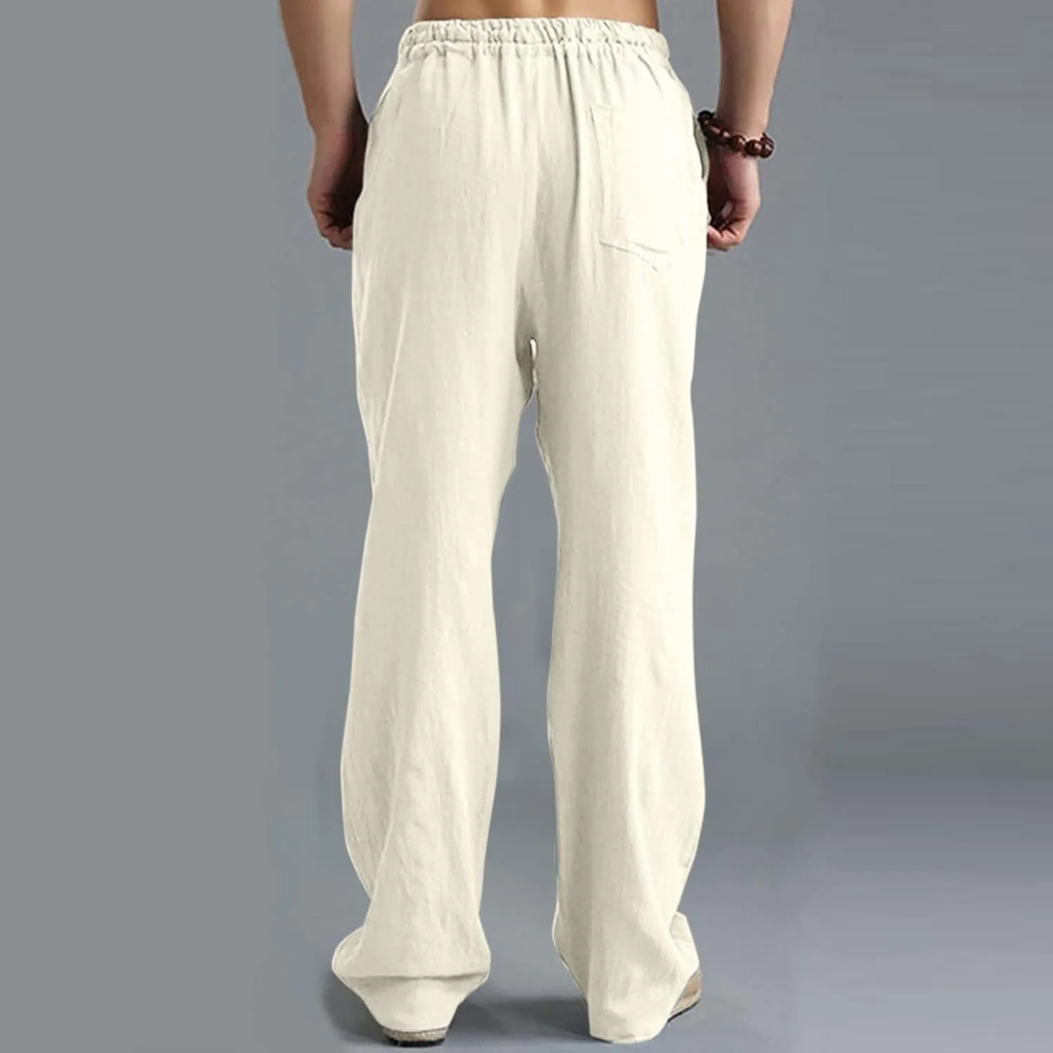 Men's Linen Pants Elastic Waistband Lightweight Straight Leg Beach Trousers Summer Loose Fit Breathable Comfort Pant