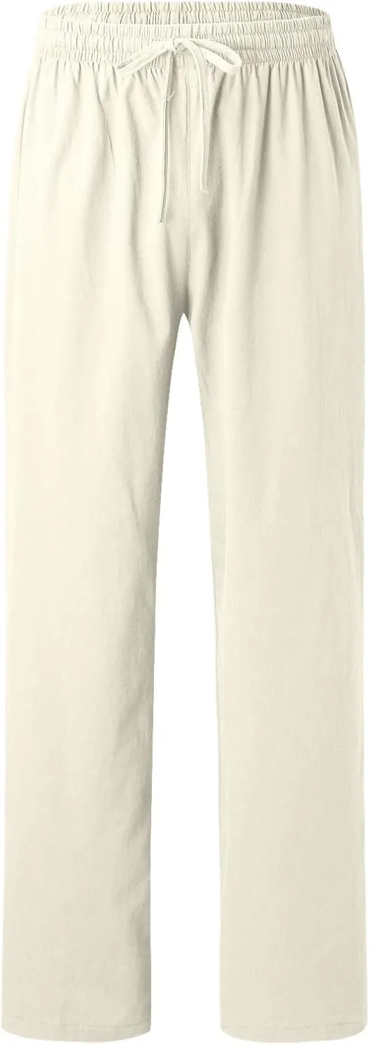 Men's Linen Pants Elastic Waistband Lightweight Straight Leg Beach Trousers Summer Loose Fit Breathable Comfort Pant