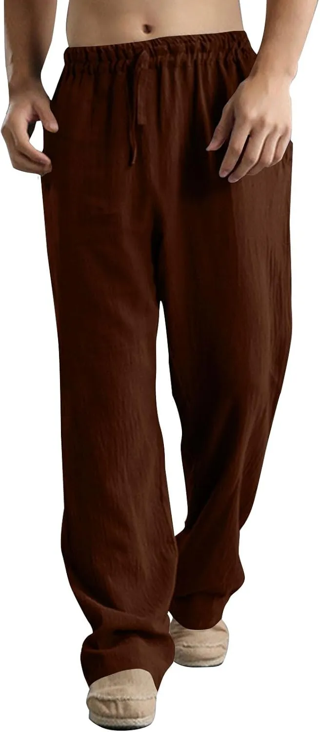 Men's Linen Pants Elastic Waistband Lightweight Straight Leg Beach Trousers Summer Loose Fit Breathable Comfort Pant