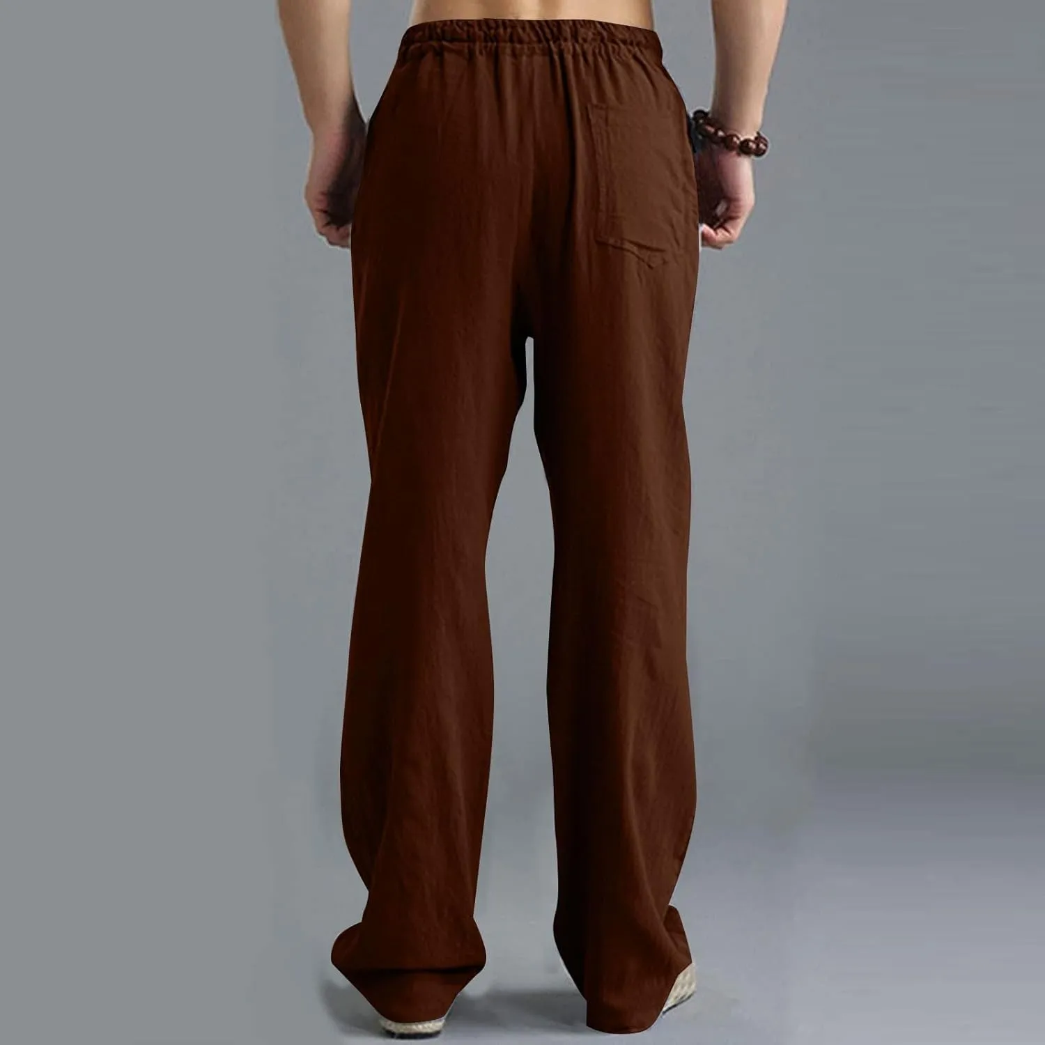 Men's Linen Pants Elastic Waistband Lightweight Straight Leg Beach Trousers Summer Loose Fit Breathable Comfort Pant
