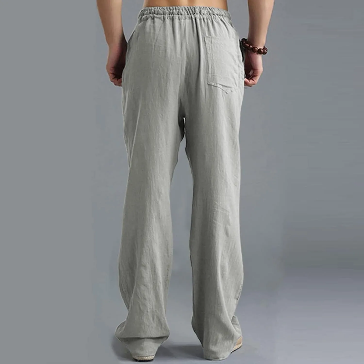 Men's Linen Pants Elastic Waistband Lightweight Straight Leg Beach Trousers Summer Loose Fit Breathable Comfort Pant