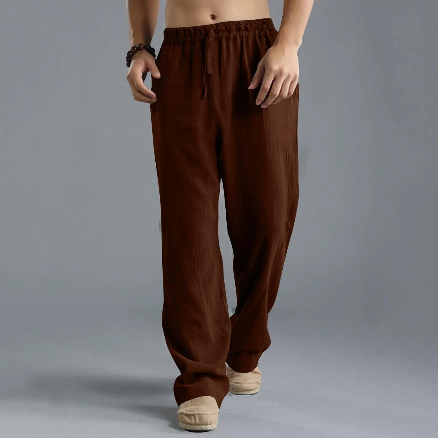 Men's Linen Pants Elastic Waistband Lightweight Straight Leg Beach Trousers Summer Loose Fit Breathable Comfort Pant