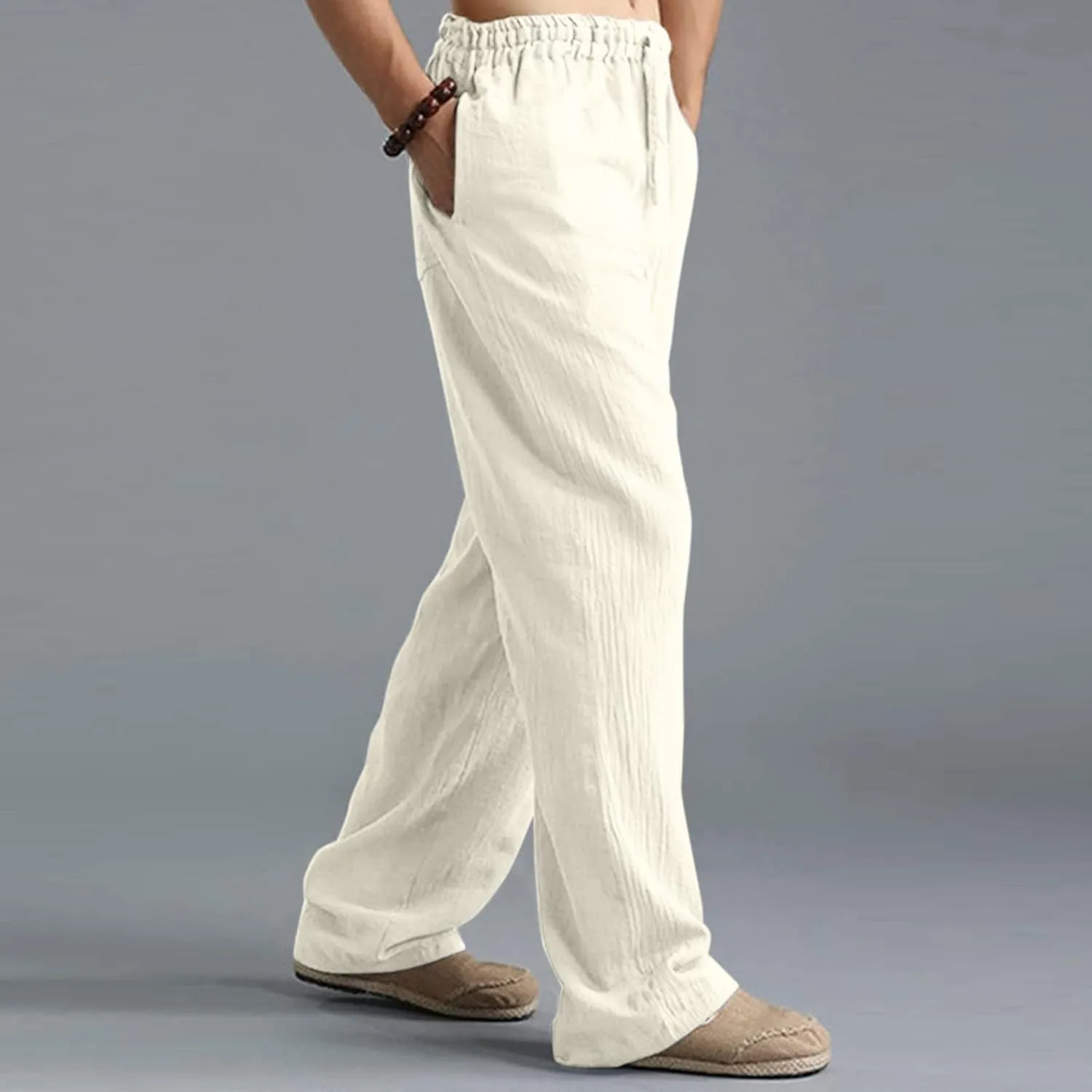 Men's Linen Pants Elastic Waistband Lightweight Straight Leg Beach Trousers Summer Loose Fit Breathable Comfort Pant