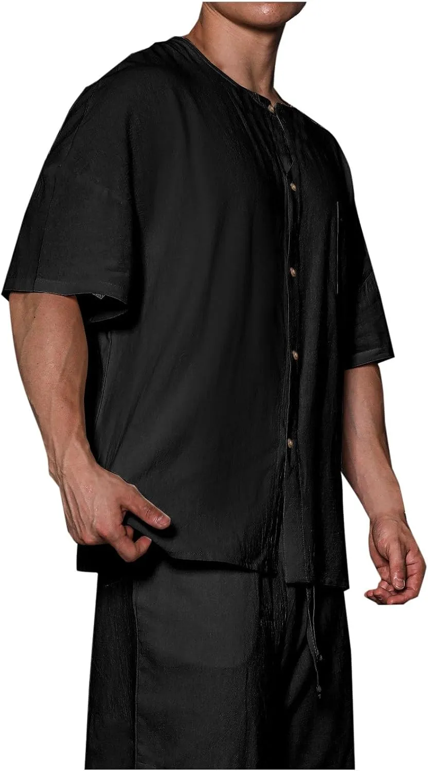 Mens Linen Shirt Short Sleeve Cotton Henley Outdoor Fashion Solid Tees Shirts 2025 Summer Beach Blouses with Pocket
