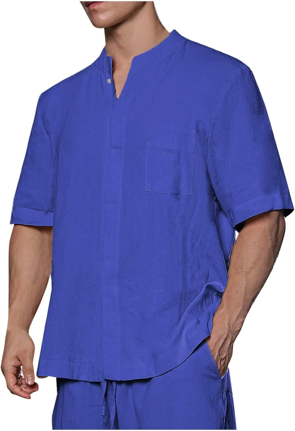 Mens Linen Shirt Short Sleeve Cotton Henley Outdoor Fashion Solid Tees Shirts 2025 Summer Beach Blouses with Pocket
