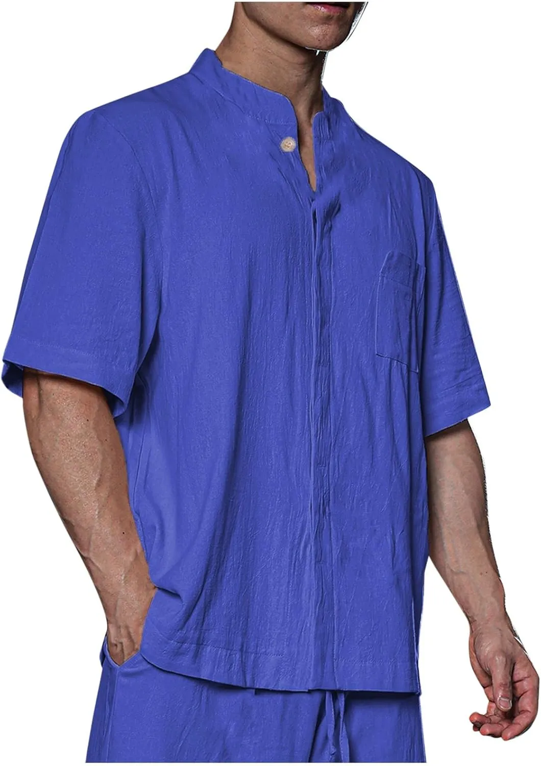 Mens Linen Shirt Short Sleeve Cotton Henley Outdoor Fashion Solid Tees Shirts 2025 Summer Beach Blouses with Pocket