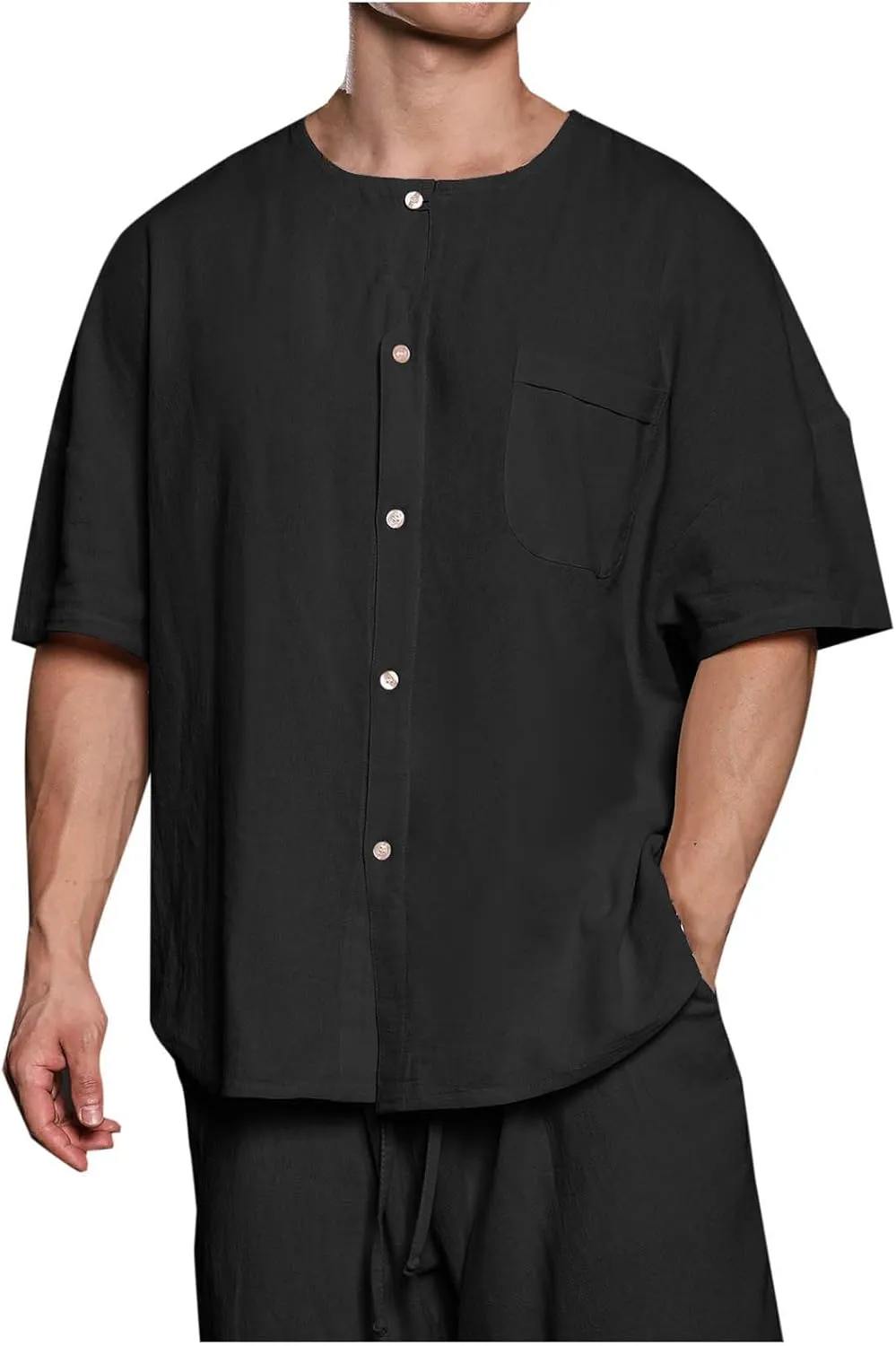 Mens Linen Shirt Short Sleeve Cotton Henley Outdoor Fashion Solid Tees Shirts 2025 Summer Beach Blouses with Pocket