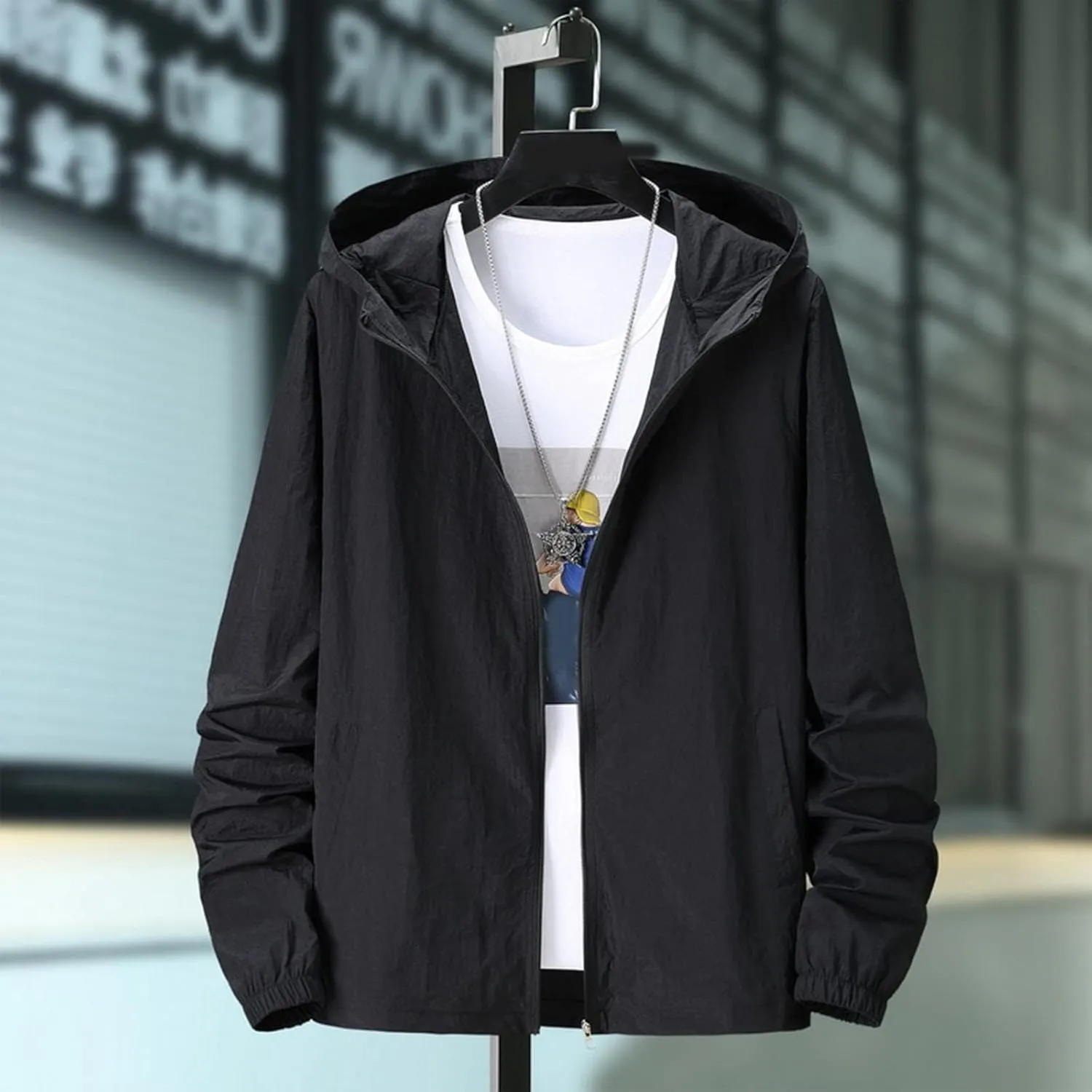 Men's Oversized Zip Up Raincoats Lightweight Waterproof Thin Outdoor Jackets with Hood Windbreaker