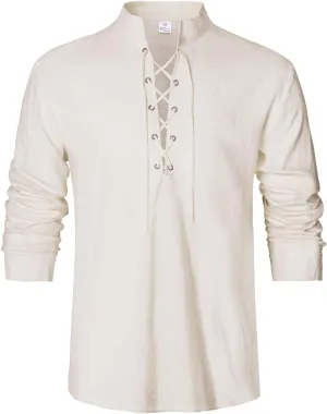 Men's Renaissance Long Sleeved Shirt Pirate Medieval Cotton Shirt Hippie lace up top Halloween Costume