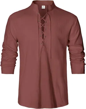Men's Renaissance Long Sleeved Shirt Pirate Medieval Cotton Shirt Hippie lace up top Halloween Costume