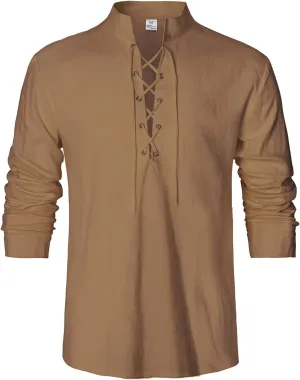 Men's Renaissance Long Sleeved Shirt Pirate Medieval Cotton Shirt Hippie lace up top Halloween Costume