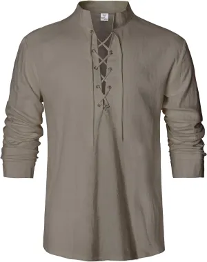 Men's Renaissance Long Sleeved Shirt Pirate Medieval Cotton Shirt Hippie lace up top Halloween Costume