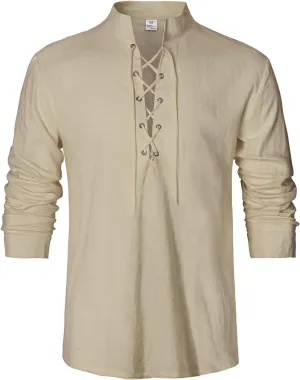 Men's Renaissance Long Sleeved Shirt Pirate Medieval Cotton Shirt Hippie lace up top Halloween Costume