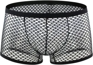 Men's See Through Sexy Fishnet Boxer Briefs Breathable Comfort Trunks Underwear Mesh Lingerie Bikini Pants for Male