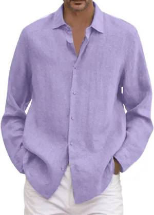 Men's Summer Cotton Linen Shirts Long Sleeve Casual Button Down Shirt Plus Size Lightweight Loose Beach Holiday Tops