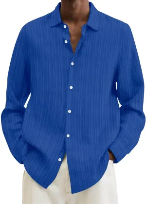 Men's Summer Cotton Linen Shirts Long Sleeve Casual Button Down Shirt Plus Size Lightweight Loose Beach Holiday Tops