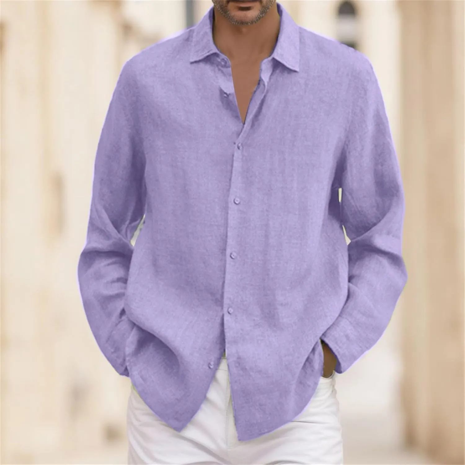 Men's Summer Cotton Linen Shirts Long Sleeve Casual Button Down Shirt Plus Size Lightweight Loose Beach Holiday Tops