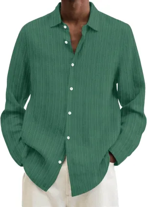 Men's Summer Cotton Linen Shirts Long Sleeve Casual Button Down Shirt Plus Size Lightweight Loose Beach Holiday Tops