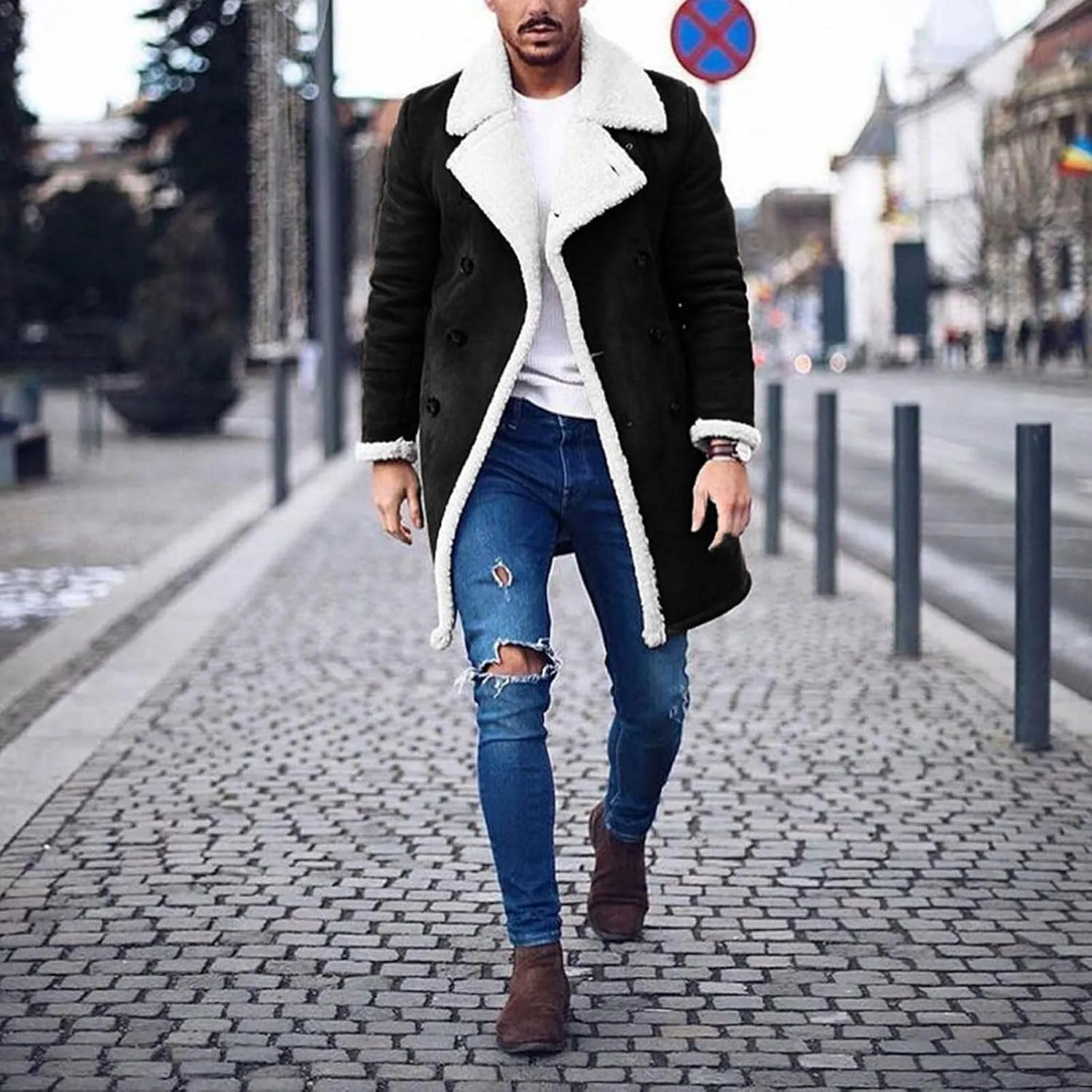 Mmoneyake Men's Shearling Leather Coat Faux Suede Sherpa Lined Sheepskin Jacket Fur Collar Long Trench Coats Soft Overcoat