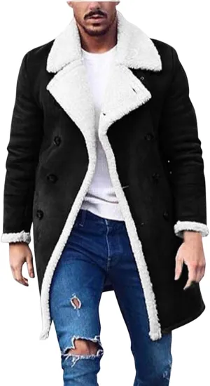 Mmoneyake Men's Shearling Leather Coat Faux Suede Sherpa Lined Sheepskin Jacket Fur Collar Long Trench Coats Soft Overcoat