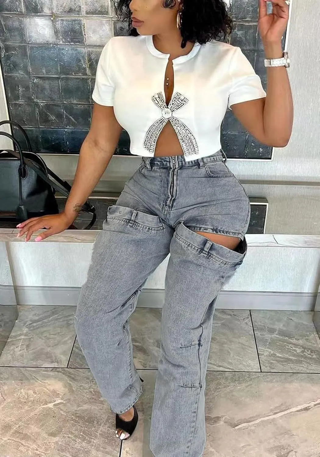 Molisry Women's Cargo Jeans Streetwear High Waisted Convertible Cutout Lounge Stretch Denim Cargo Pants
