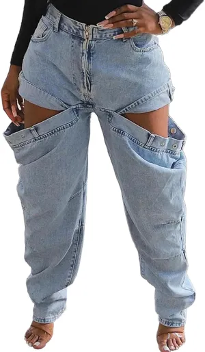 Molisry Women's Cargo Jeans Streetwear High Waisted Convertible Cutout Lounge Stretch Denim Cargo Pants