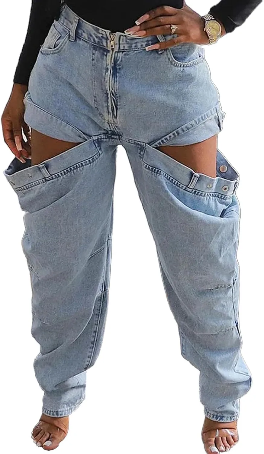 Molisry Women's Cargo Jeans Streetwear High Waisted Convertible Cutout Lounge Stretch Denim Cargo Pants