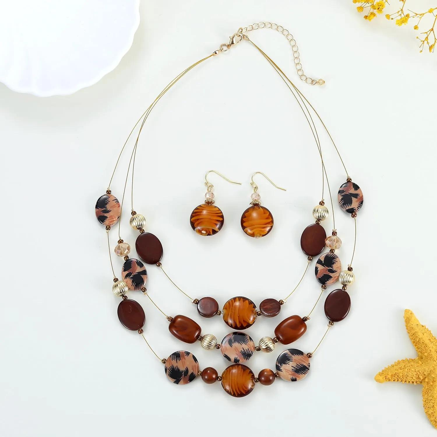 Multi Layered Beaded Necklaces for Women Murano Glass Statement Necklace and Earrings Set Shell Costume Jewelry Handmade Boho Necklaces and Dainty Glass Flower Earrings for Women Jewelry Gift