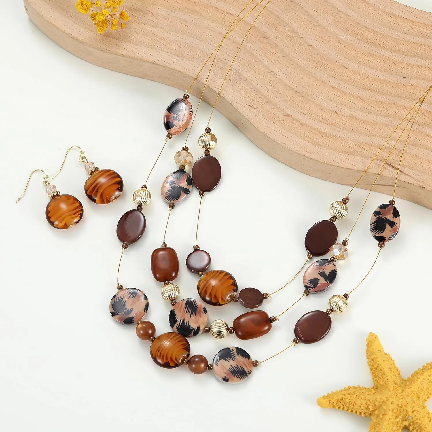 Multi Layered Beaded Necklaces for Women Murano Glass Statement Necklace and Earrings Set Shell Costume Jewelry Handmade Boho Necklaces and Dainty Glass Flower Earrings for Women Jewelry Gift