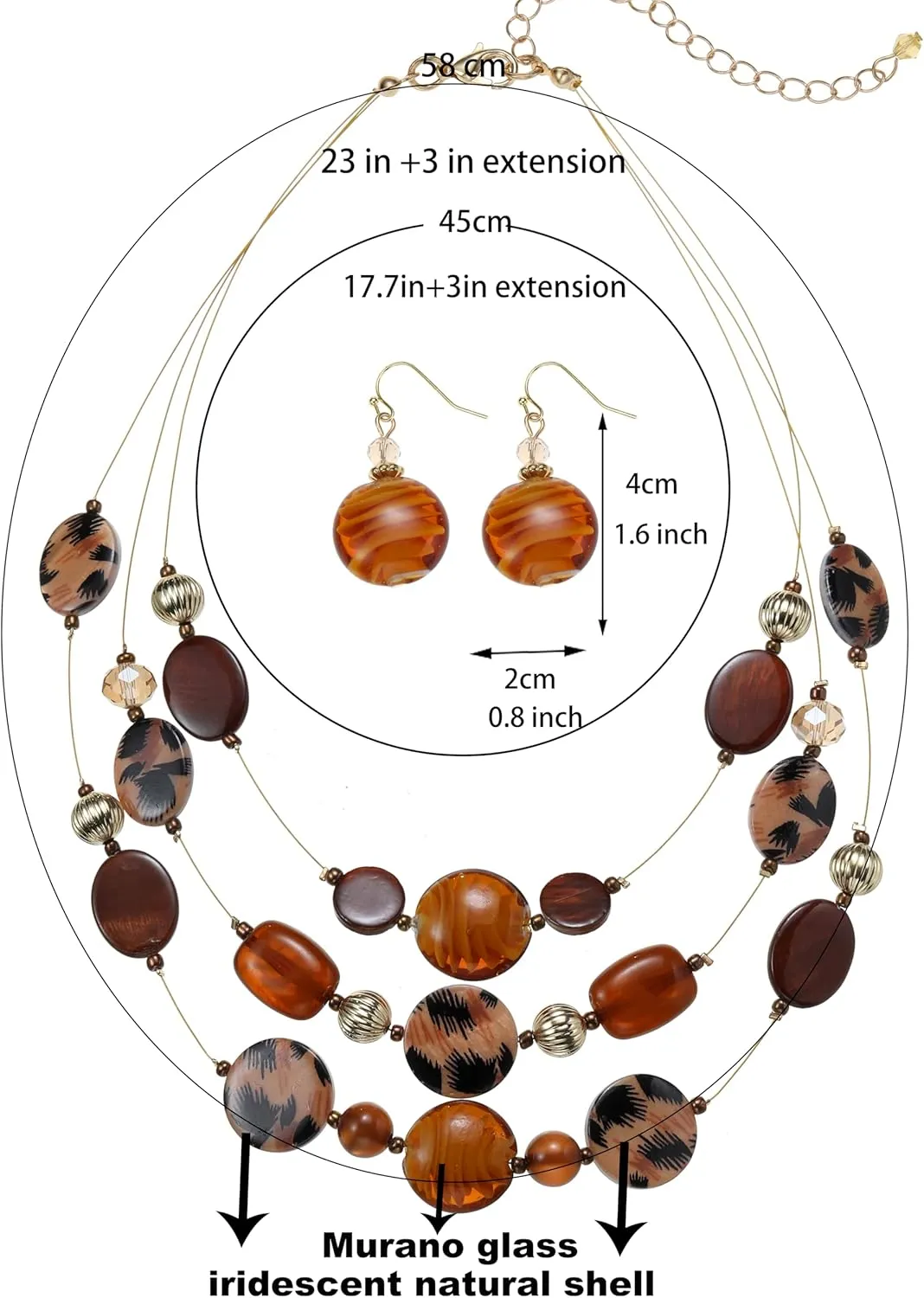 Multi Layered Beaded Necklaces for Women Murano Glass Statement Necklace and Earrings Set Shell Costume Jewelry Handmade Boho Necklaces and Dainty Glass Flower Earrings for Women Jewelry Gift