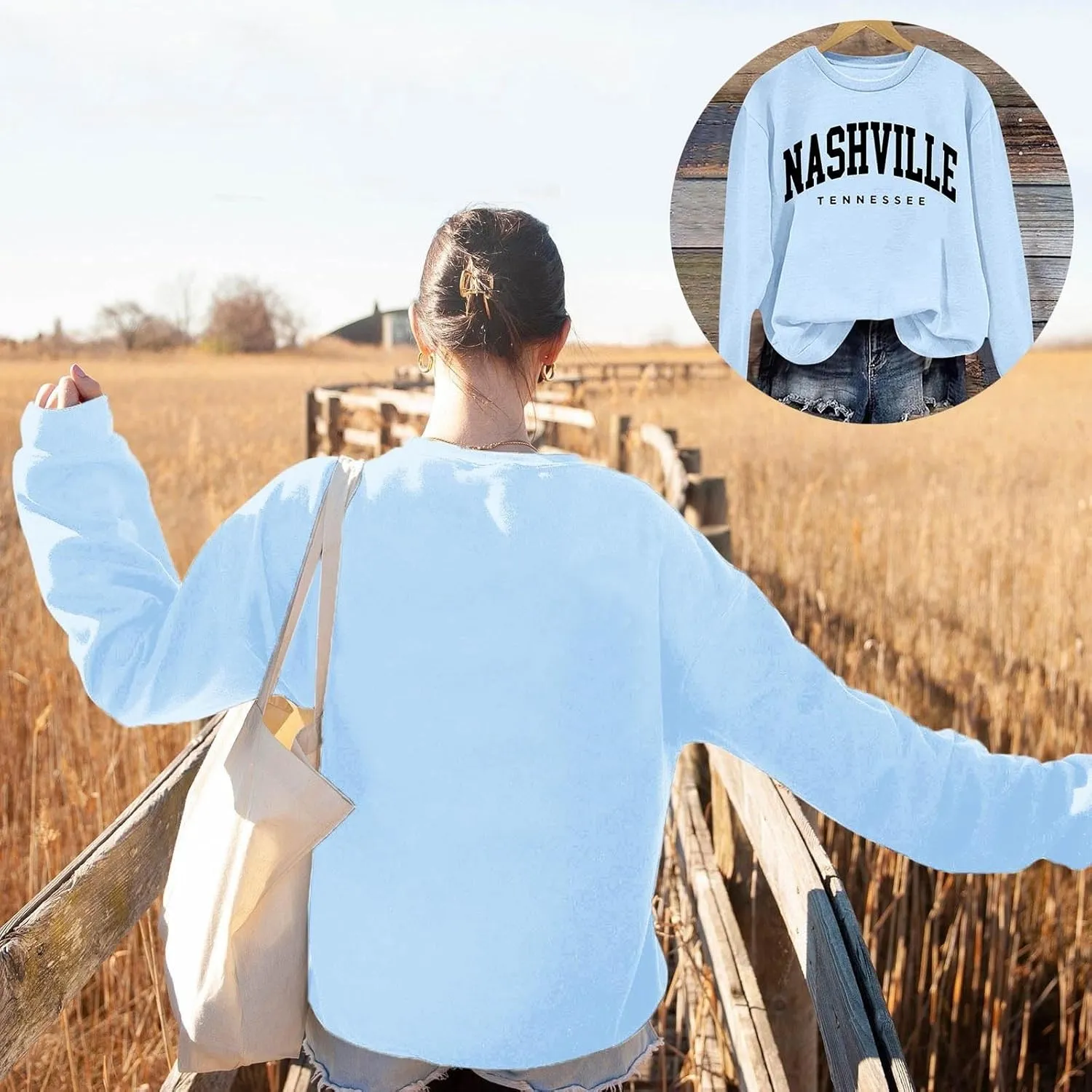 Nashville Print Womens Sweatshirts Trendy Long Sleeve Hoodies Crewneck Pullover Top Fall Fashion Preppy Clothes