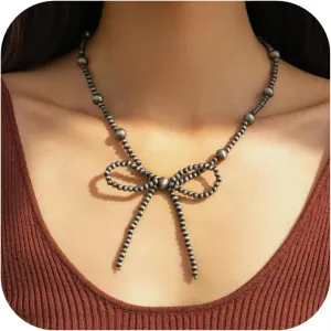 Navajo Pearl Bow Western Necklaces for Women Cowgirl Turquoise Beaded Long Necklaces Dainty Layered Bow Cute Jewelry