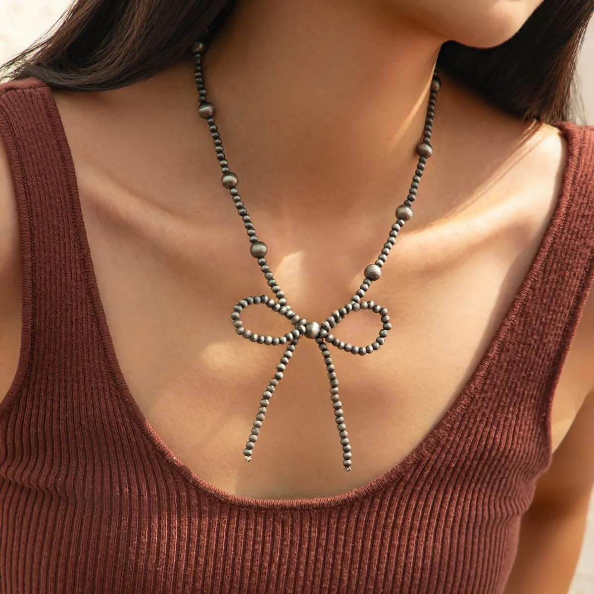 Navajo Pearl Bow Western Necklaces for Women Cowgirl Turquoise Beaded Long Necklaces Dainty Layered Bow Cute Jewelry