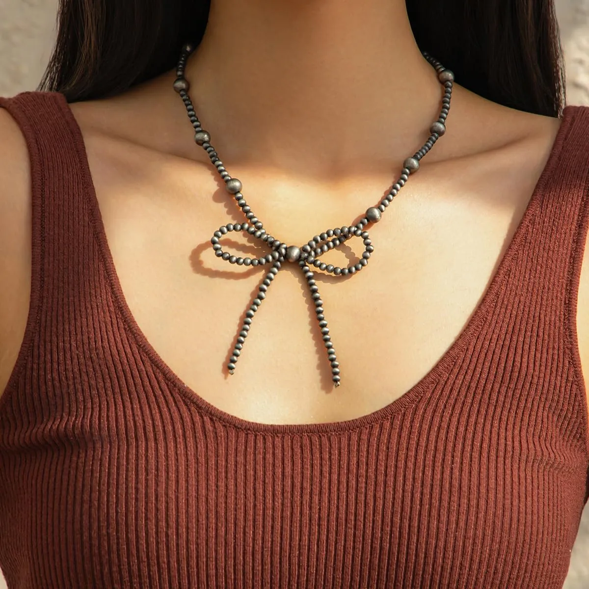 Navajo Pearl Bow Western Necklaces for Women Cowgirl Turquoise Beaded Long Necklaces Dainty Layered Bow Cute Jewelry