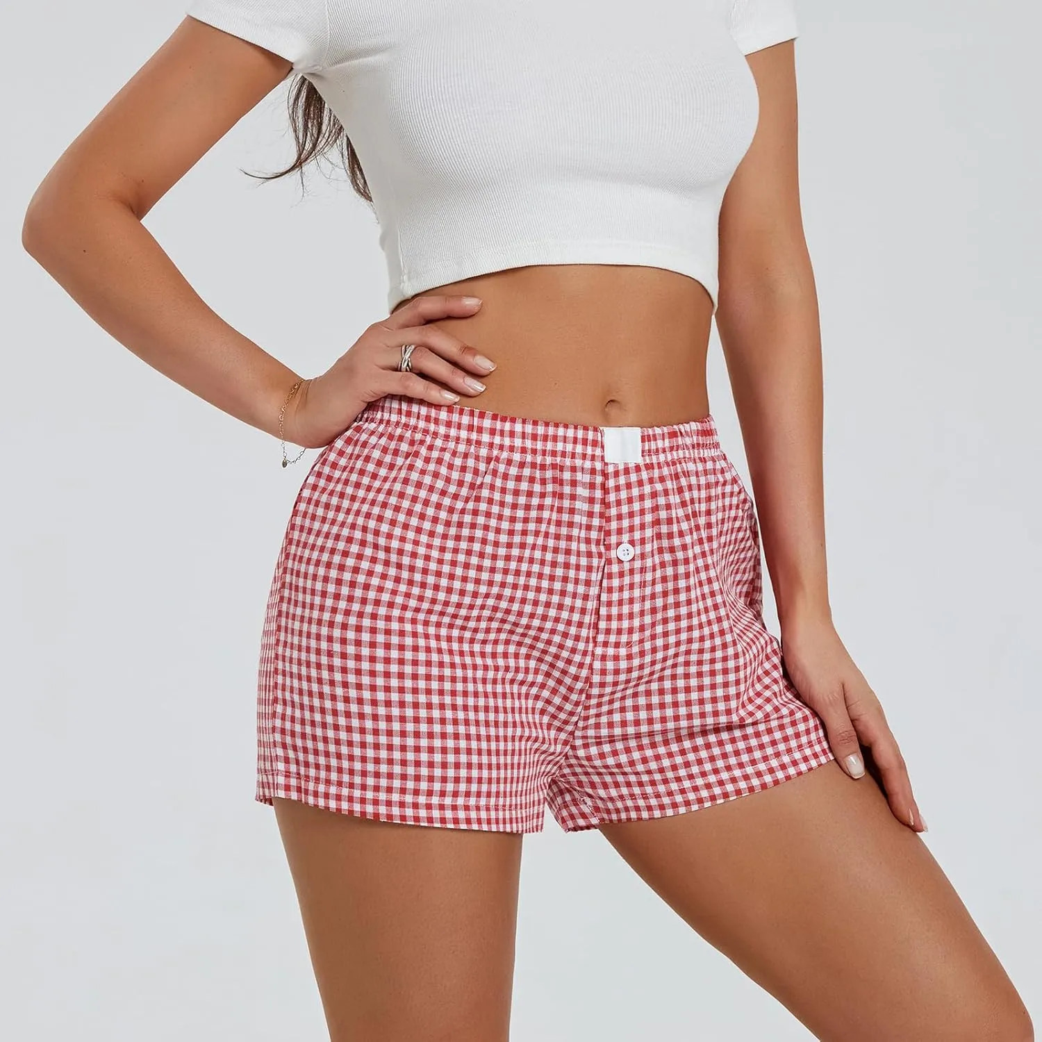 NUFIWI Women Y2k Pajamas Shorts Gingham Cute Pj Short Pants Plaid Lounge Shorts Sleep Bottoms Elastic Boxers Streetwear