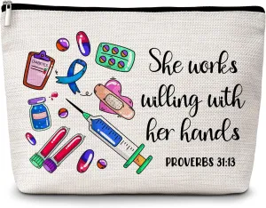 Nurses Makeup Bags, She Works Willing With Her Hands Cosmetic Bag, Christian Makeup Pouch Gifts for Nurses, Nurse Appreciation Gifts for Women, Nurses Week Nursing Students Graduation Gifts -55
