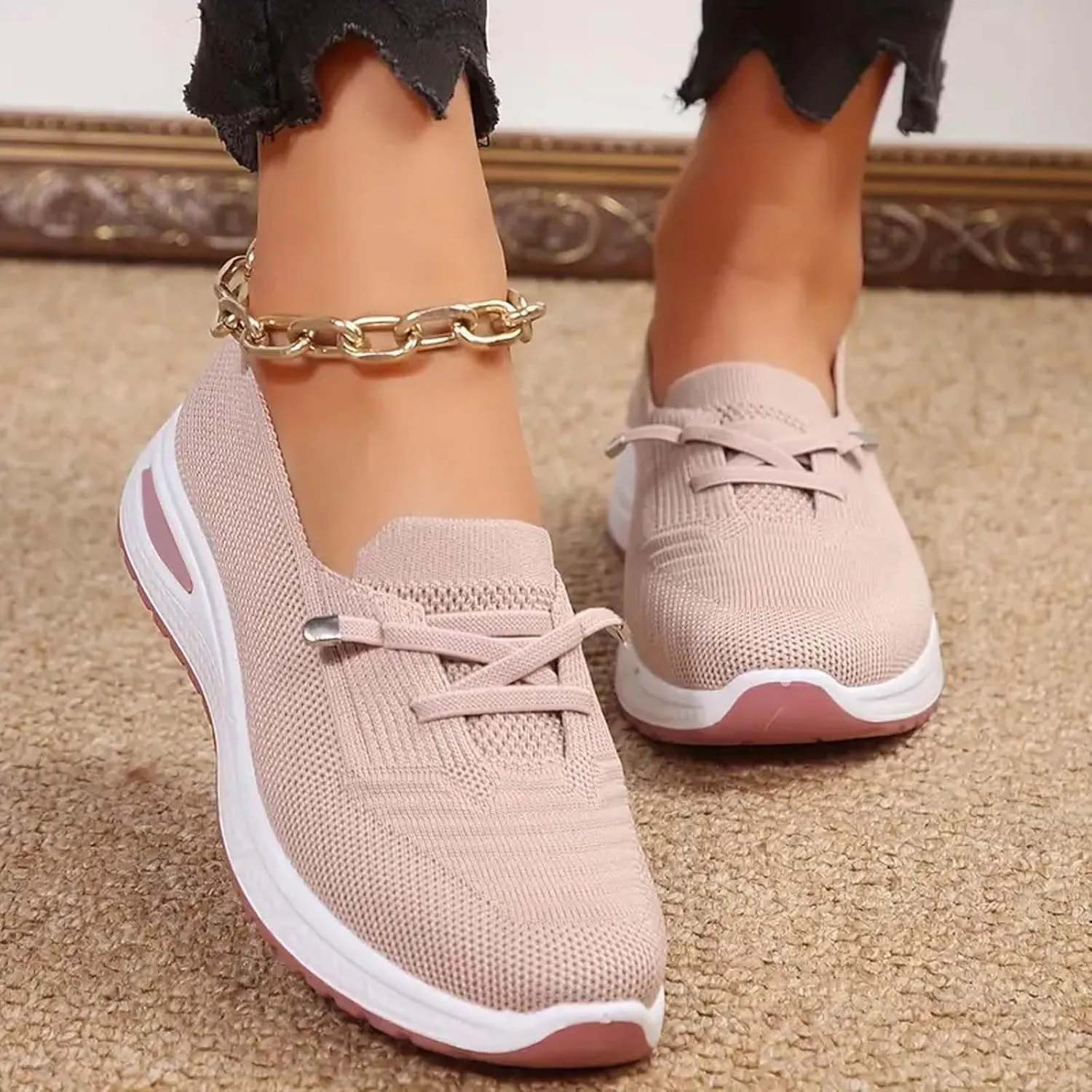 Orthopedic Sneakers for Women Slip On Lightweight Casual Loafers Breathable Mesh Knitted Woven Low Top Walking Shoes Arch Support Non-Slip Sneakers