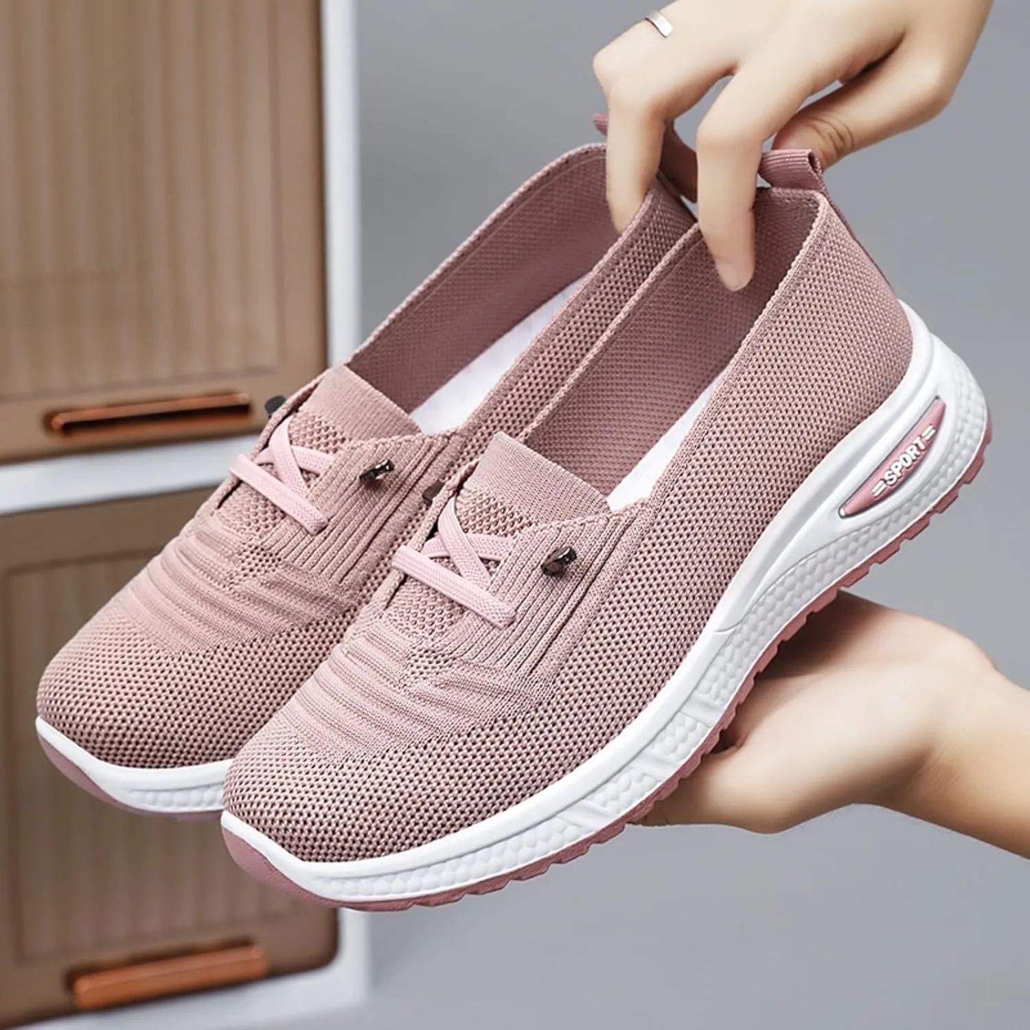 Orthopedic Sneakers for Women Slip On Lightweight Casual Loafers Breathable Mesh Knitted Woven Low Top Walking Shoes Arch Support Non-Slip Sneakers