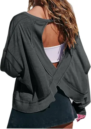 Oversized Sweatshirt for Women Crewneck Long Sleeve Tops Open Back Cross Hem Loose Fall Hoodie Casual Pullover