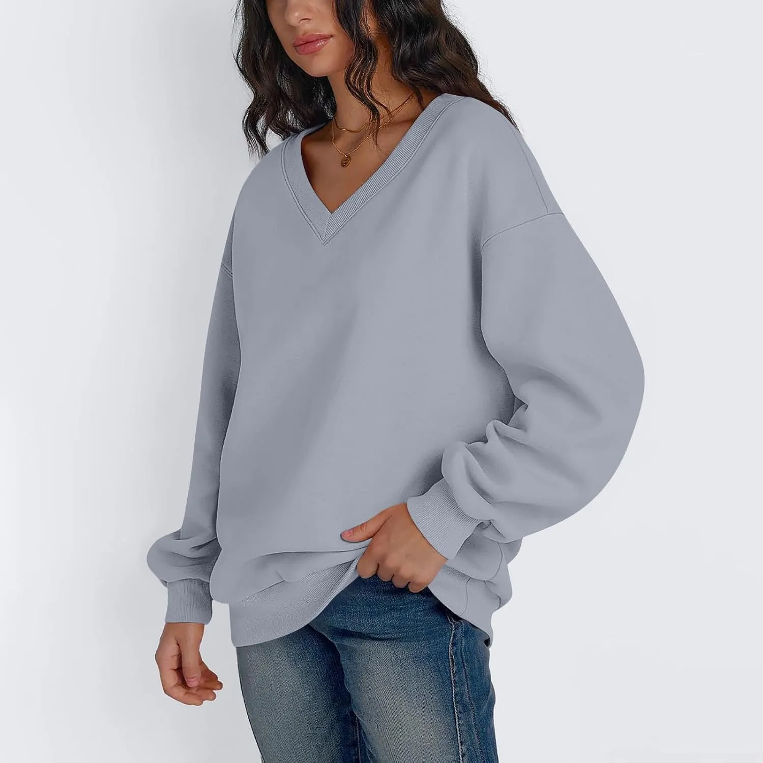 Oversized Sweatshirt For Women Plus Size Hoodies Trendy V Neck Long Sleeve Winter Clothes Drop Shoulder Pullover