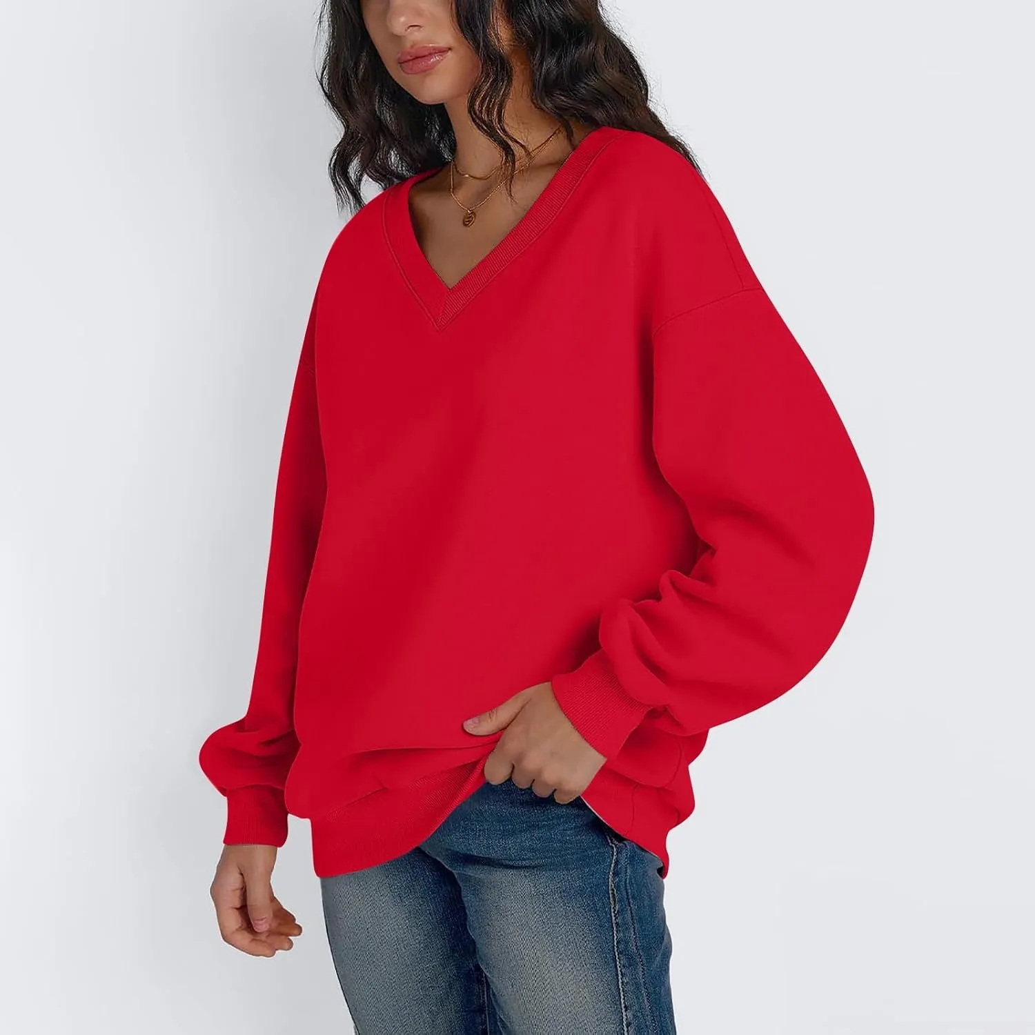 Oversized Sweatshirt For Women Plus Size V Neck Long Sleeve Drop Shoulder Pullover Hoodies Trendy Winter Clothes