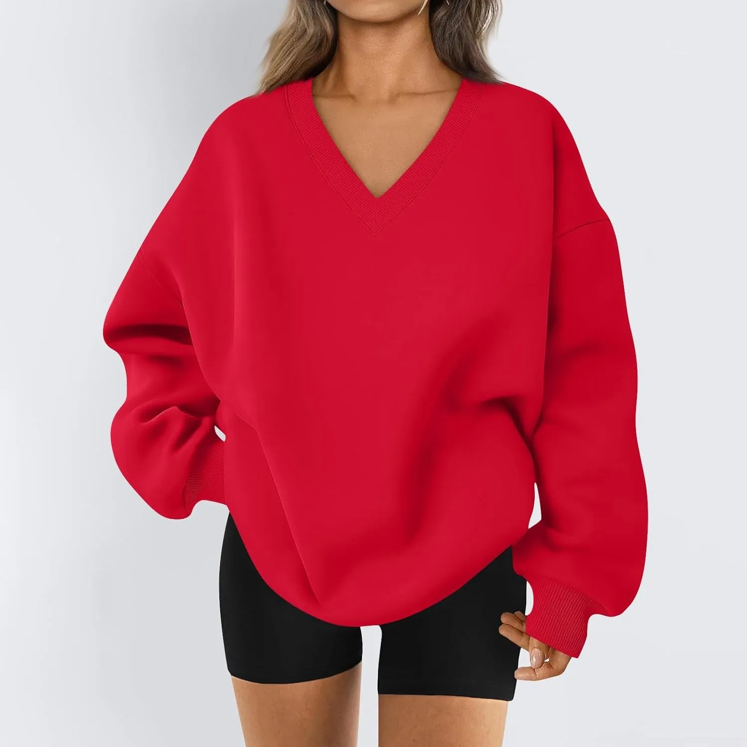 Oversized Sweatshirt For Women Plus Size V Neck Long Sleeve Drop Shoulder Pullover Hoodies Trendy Winter Clothes