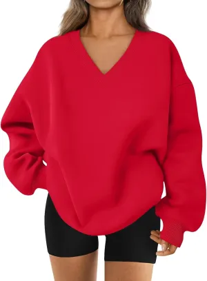 Oversized Sweatshirt For Women Plus Size V Neck Long Sleeve Drop Shoulder Pullover Hoodies Trendy Winter Clothes