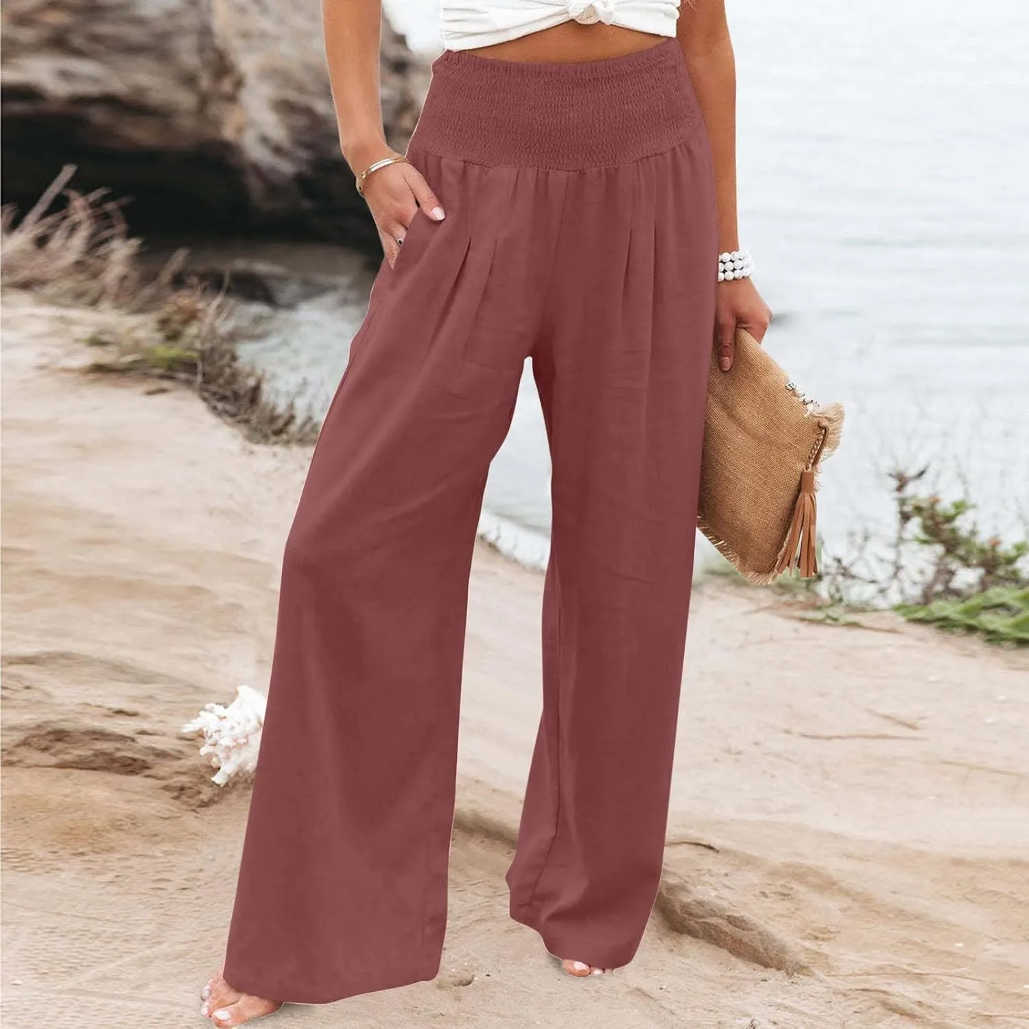 Palazzo Pants for Women Cotton Linen Elastic High Waist Wide Leg Pant Summer Relax Trousers with Pockets