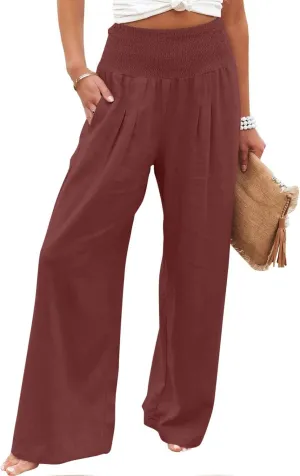 Palazzo Pants for Women Cotton Linen Elastic High Waist Wide Leg Pant Summer Relax Trousers with Pockets