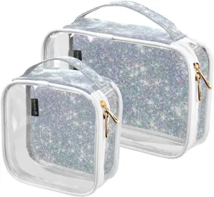 Pearl Sequins Clear Makeup Bags TSA Approved Toiletry Bag for Women Men Cosmetic Bags with Zipper Carry On Airport Airline Compliant Bag Quart Size PVC Travel Bags for Toiletries Accessories, 2 Pack