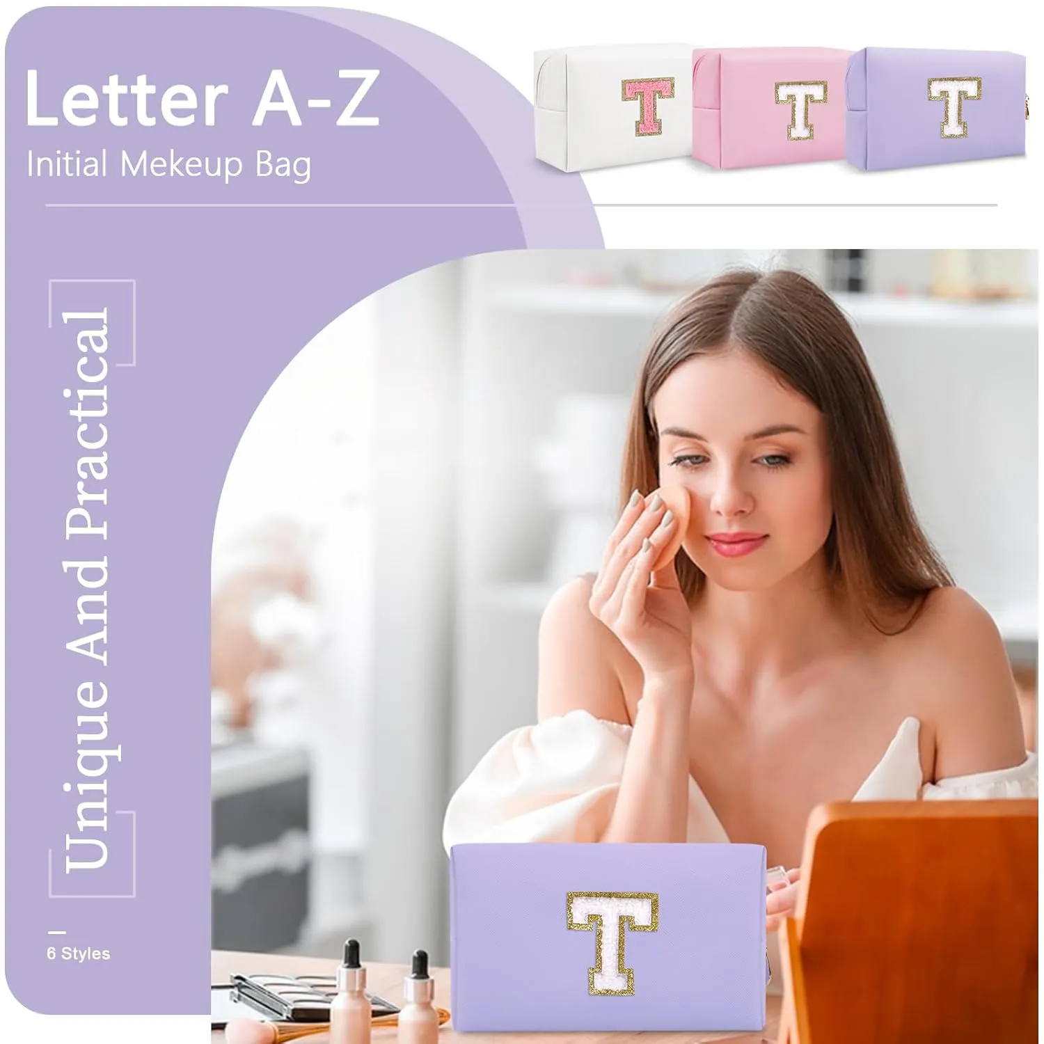 Personalized Makeup Bag Initial A-Z Preppy Patch Bag,Small PU Leather Travel Cosmetic Bag Pouch with Zipper,Purple Cute Toiletry Bag,Gift Ideal for Teen Girls Women Birthday Friend Mom,Latter T