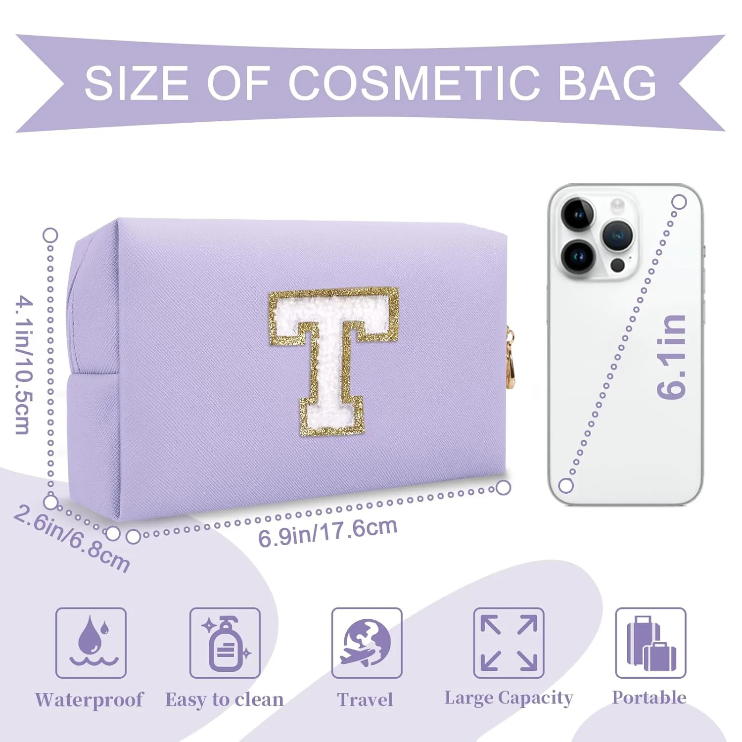 Personalized Makeup Bag Initial A-Z Preppy Patch Bag,Small PU Leather Travel Cosmetic Bag Pouch with Zipper,Purple Cute Toiletry Bag,Gift Ideal for Teen Girls Women Birthday Friend Mom,Latter T