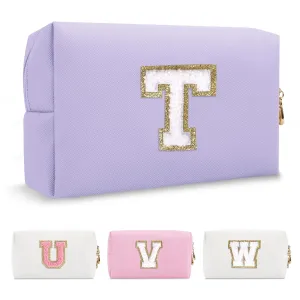 Personalized Makeup Bag Initial A-Z Preppy Patch Bag,Small PU Leather Travel Cosmetic Bag Pouch with Zipper,Purple Cute Toiletry Bag,Gift Ideal for Teen Girls Women Birthday Friend Mom,Latter T